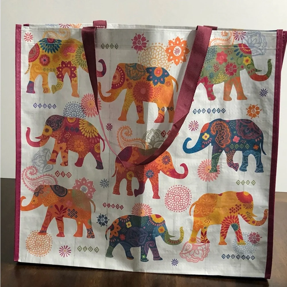 Tote Reusable shopping bag Elephants graphic waterproof. Big 18”x20”x7”